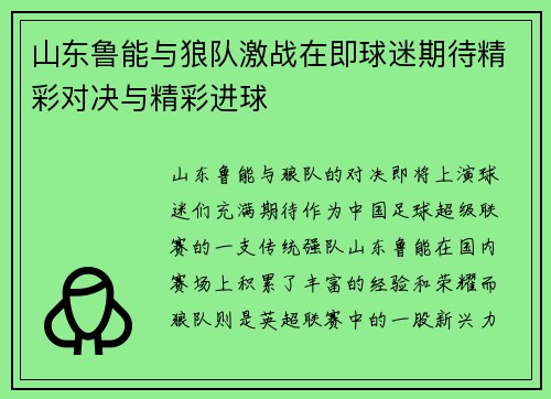 山东鲁能与狼队激战在即球迷期待精彩对决与精彩进球