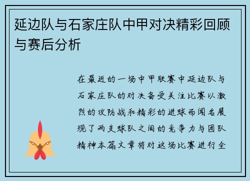 延边队与石家庄队中甲对决精彩回顾与赛后分析